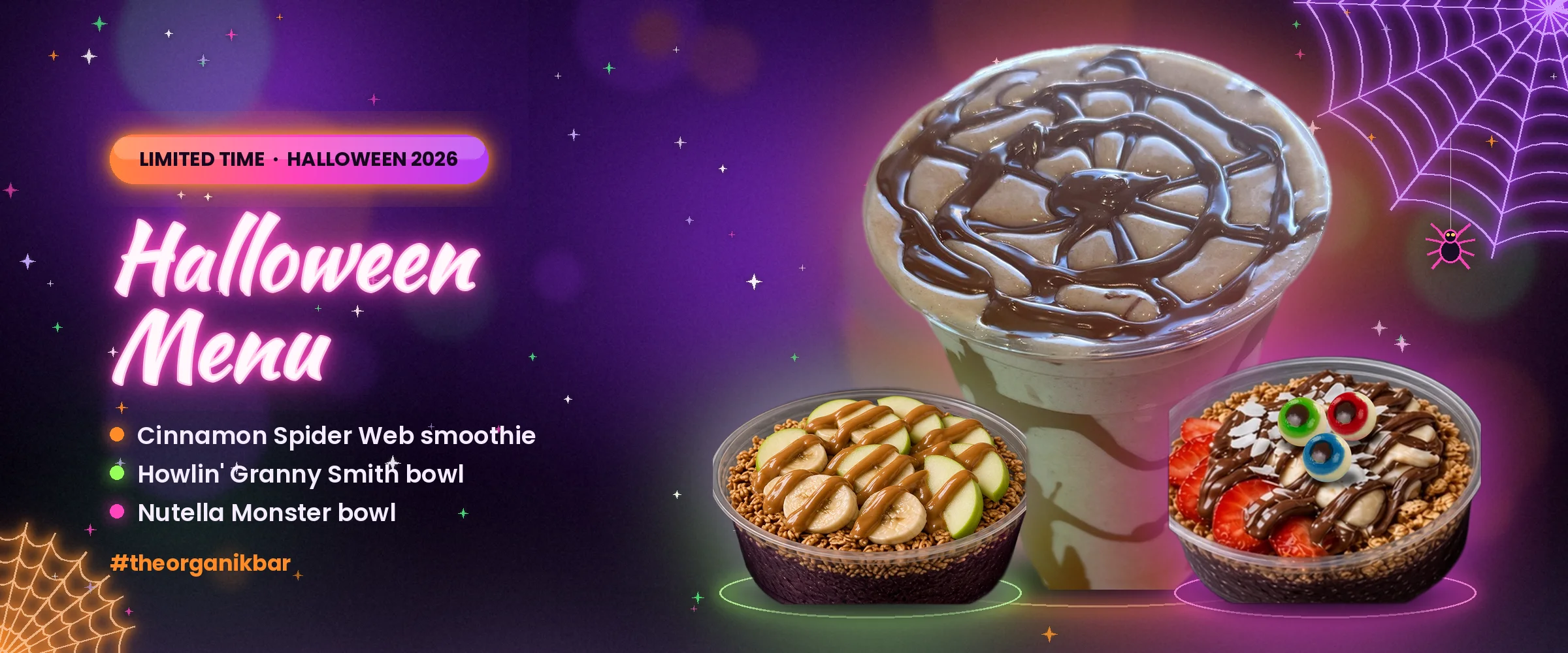 Organik Bar Halloween menu: Cinnamon Spider Web, Howlin’ Granny Smith and Nutella Monster