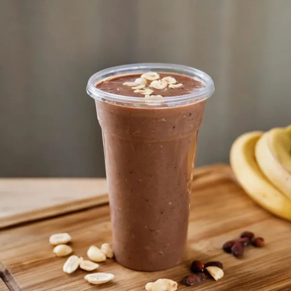 Chocolate Muscle smoothie made with chocolate almond milk, whey chocolate protein, peanut butter, banana, peanut butter drizzle